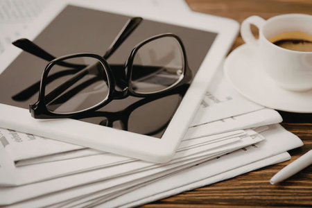 A tablet with glasses on top, stacked on papers with a cup of coffee and pen nearby