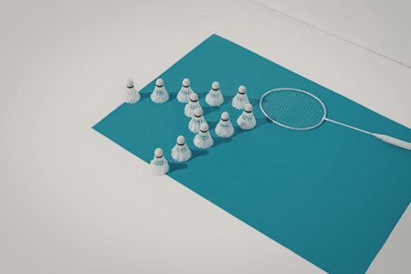 A group of white badminton shuttlecocks on a blue rectangular background with a badminton racketの写真素材