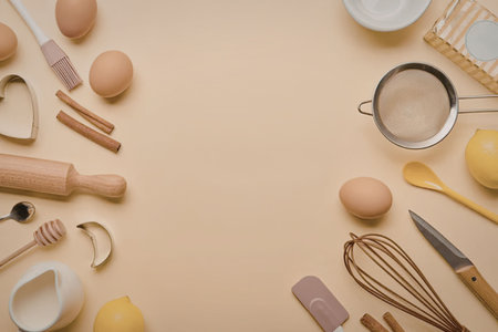 A collection of baking tools and ingredients arranged on a yellow surface