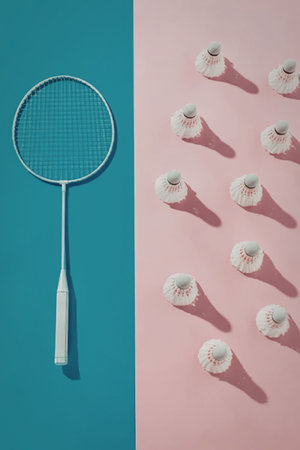 A white badminton racket on a blue background next to shuttlecocks on a pink background