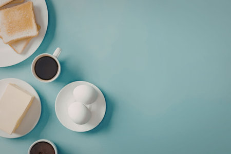 A plate of toast, butter, eggs and coffee on a blue background