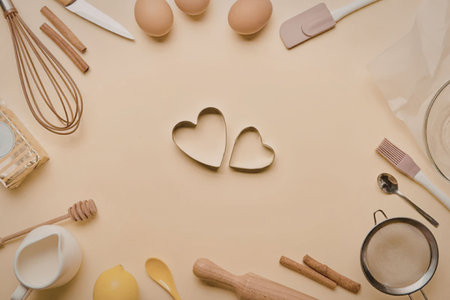 An assortment of baking tools and ingredients on a yellow background