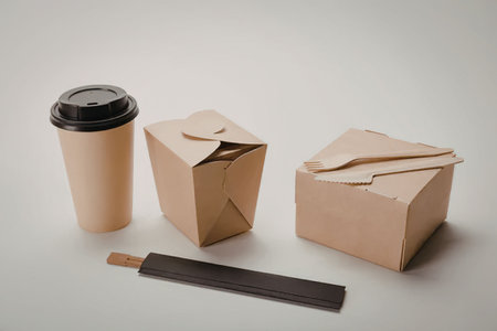 A collection of eco-friendly takeout containers and cupの写真素材
