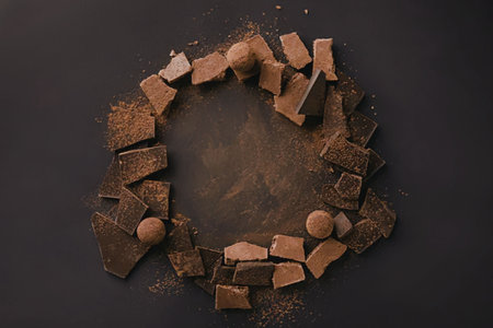 A circular arrangement of chocolate pieces and balls on a dark surface