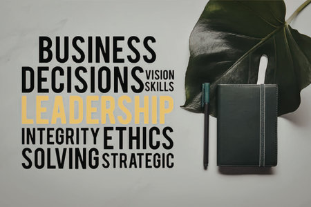 A visual representation of business leadership concepts, featuring a notebook and pen alongside a leaf, symbolizing growth and strategy.の写真素材