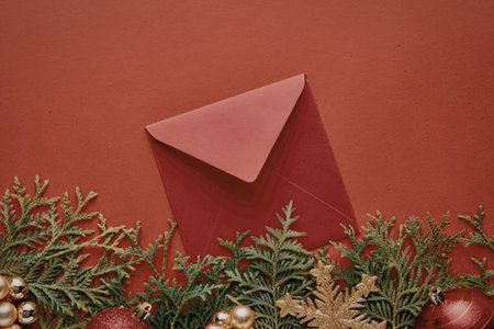A red envelope surrounded by Christmas ornaments and pine branches on a red background