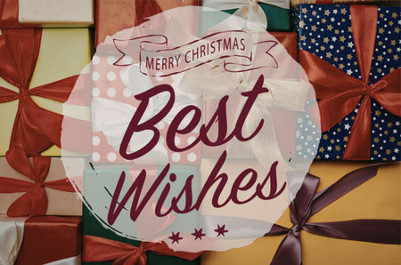 A colorful arrangement of wrapped Christmas gifts with a festive 'Best Wishes' message overlay.