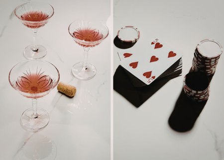 A collage of two photographs, one with red cocktails and the other with hearts playing cards and a...