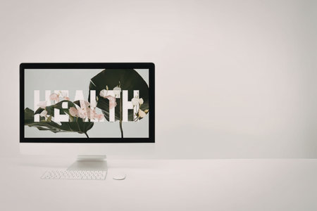 A computer monitor on a white desk with a graphic on the screen. The graphic features a plant and...