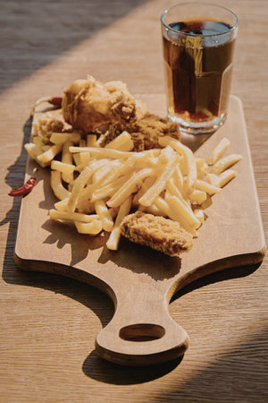 A wooden board with fried chicken, french fries, and a glass of soda, perfect for a casual meal or...