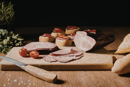 A wooden cutting board with sliced meat, cherry tomatoes, and bread