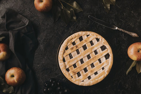 A delicious apple pie with a lattice crust, surrounded by fresh apples and a knife on a dark...