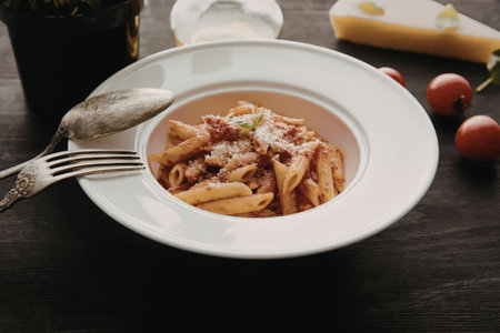 A plate of penne pasta in a rich tomato sauce, served with a fork and accompanied by cheese and tomatoes.の写真素材