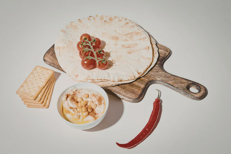 A cutting board with a tortilla, cherry tomatoes, crackers, a bowl of dip, and a red chili pepper.の写真素材