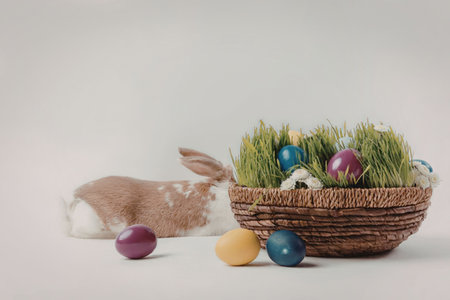 An easter basket filled with grass and colorful eggs next to a bunny