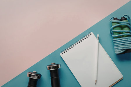 A spiral notebook, a pen, two fitness trackers, and a resistance band on a pink and blue background.の写真素材