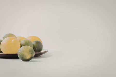 A plate of fresh lemons and limes on a white background