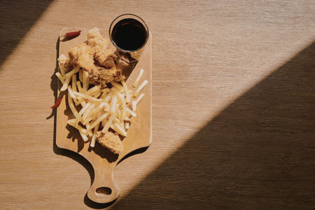 A wooden plate with a serving of fries and chicken accompanied by a cup of sauce on a wooden table...