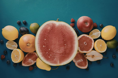 A vibrant arrangement of fresh fruits, including watermelon, oranges, grapefruits, apples, and...