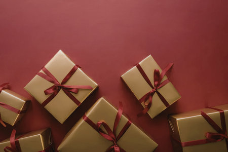 A collection of gifts wrapped in gold paper with red ribbons on a red background