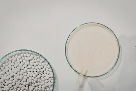 A glass of milk and a bowl of white pellets on a white surface