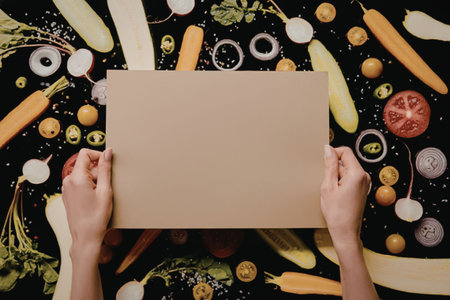 A person holding a blank cardboard over a colorful assortment of fresh vegetables.の写真素材