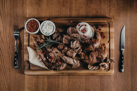 A wooden platter filled with grilled meat, served with dipping sauces and utensils on a wooden...