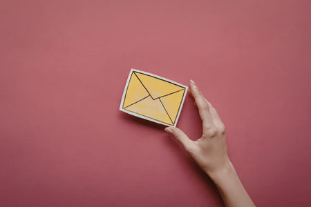 A hand holding a yellow envelope against a pink background