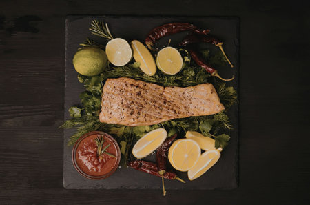 A grilled salmon fillet on a bed of herbs with slices of lemon, chili peppers, and a side of tomato...