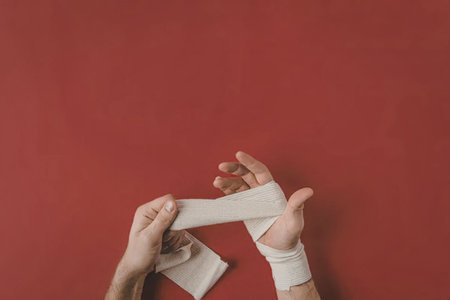 A person's hands wrapped in a white bandage against a solid red background, emphasizing the bandage...