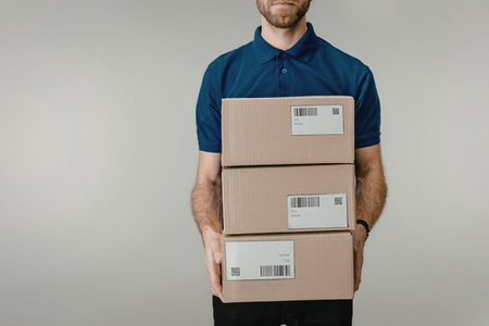 A man in a blue shirt holding two brown packages with barcodes