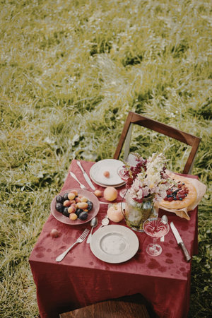 a red tablecloth covered table with plates, fruits and cutleries on a grassy field