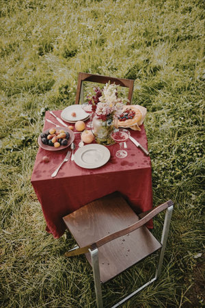 An outdoor picnic setup with a red tablecloth, plates, cutlery, and food on a grassy field.