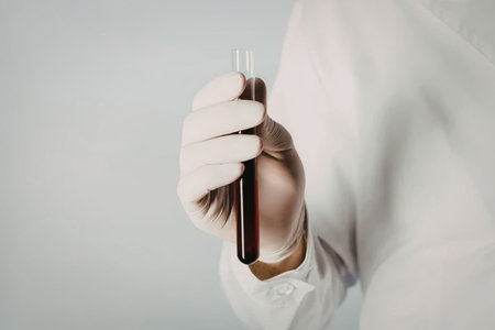 A person wearing a white lab coat and gloves holding a test tube with a blood sample.の写真素材