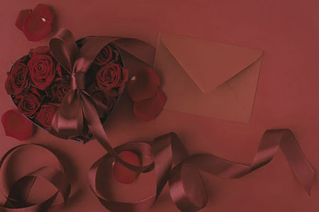 A bouquet of red roses, an envelope, and ribbons on a red background, conveying love and romance.