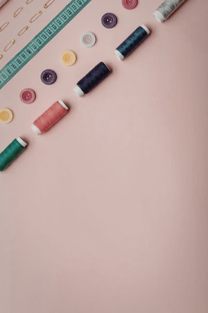 A collection of sewing supplies including threads, buttons, and a ruler on a pink surface.の写真素材