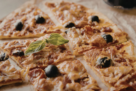 A savory homemade pizza cut into slices, topped with cheese, olives, and a fresh basil leaf.