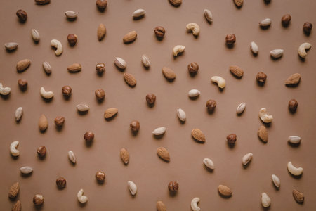 An assortment of nuts scattered on a brown surface, showcasing different shapes and colors.