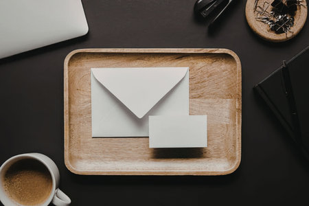 A wooden tray containing a white envelope and a small notepad, surrounded by a coffee cup, laptop,...
