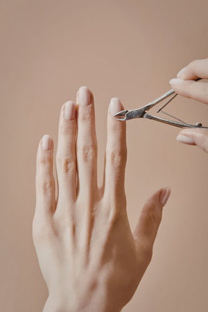 A person's hand is shown with another hand holding nail clippers to trim fingernails.