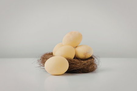 A nest containing five yellow eggs on a white surface with a plain white background.