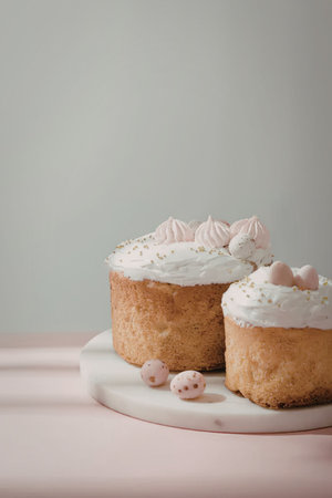 Two small cakes with white frosting and pink decorations on a white marble plate