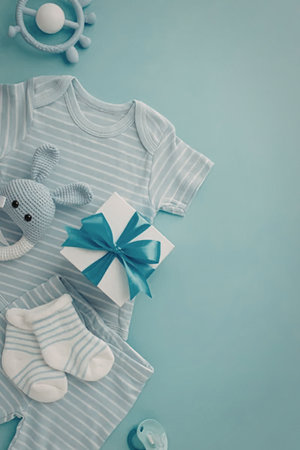 Baby boy onesie and striped socks arranged with a gift box and pacifier on a soothing blue...