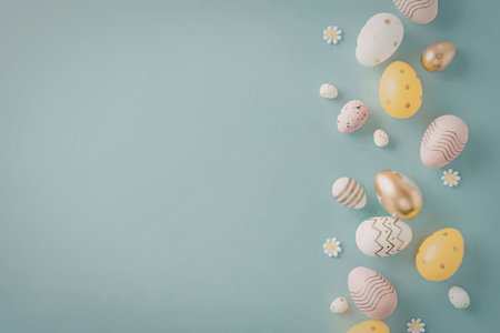 Assorted Easter eggs in pastel shades and metallic finishes arranged decoratively on a light blue...