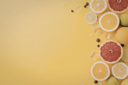 Sliced oranges, grapefruits, and limes with blueberries and ice cubes on a bright yellow background...