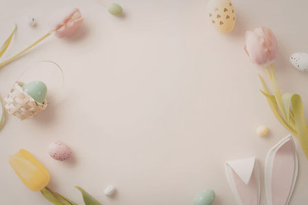 Soft pastel easter eggs and tulips surround bunny ears on a beige background with a wicker basket...