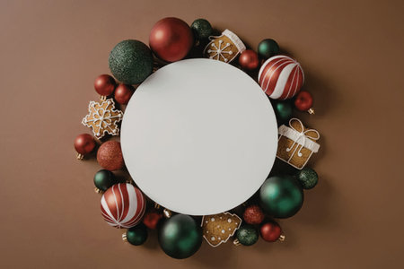 Red and green christmas ornaments surround a blank white circular sign on a brown background creating a festive holiday decoration scene with gift boxes and snowflakes.の写真素材