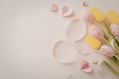 Bouquet of pink and yellow tulips surrounded by hearts and ribbons on a soft beige background.