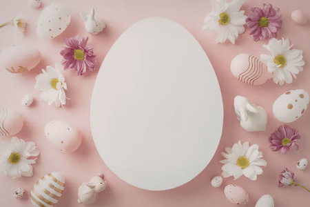White easter egg mockup is surrounded by flowers, bunnies, and eggs on a soft pink background...