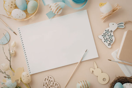Blank open spiral notebook surrounded by easter decorations including eggs and bunnies and flowers...